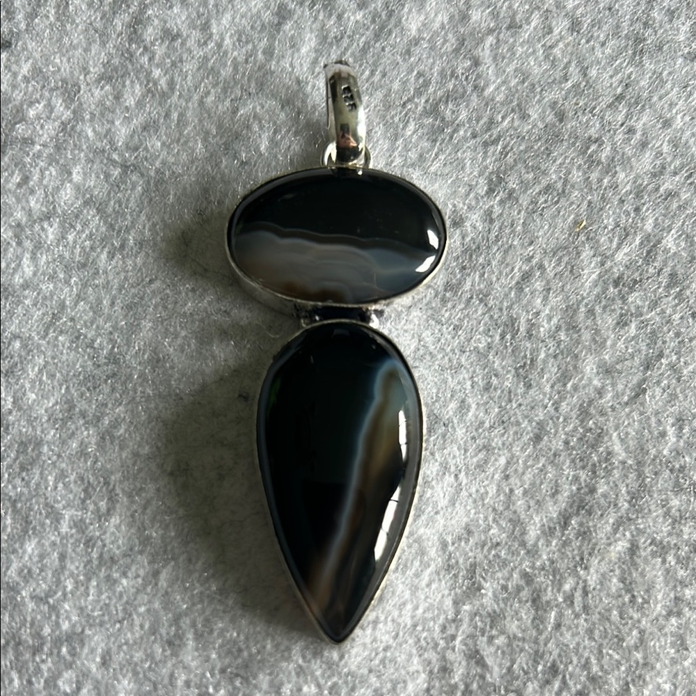 Natural Banded Black Onyx And 925 Sterling Silver Pendant - Picture 2 of 13